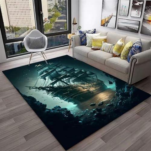 Xisnuient 3D-Visual Horror-Seeschiff-Teppiche, Stimmungsvolle Dekorteppiche Für Jugend- Und Kinderzimmer, Große rutschfeste Bereichsteppiche Für Wohnzimmer Und Spielzimmer (Farbe 1,120x160cm)