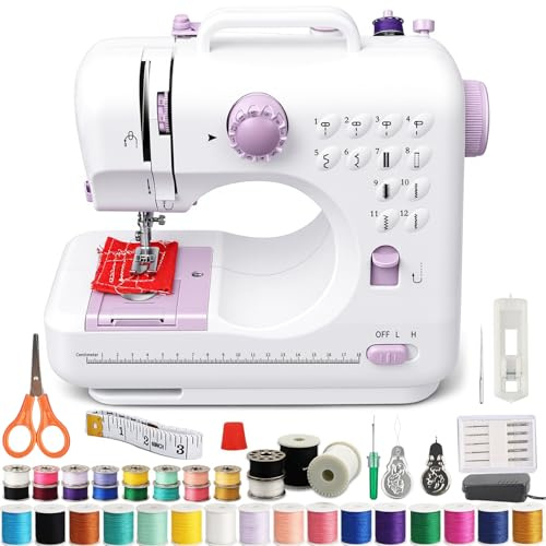 Nähmaschine für Anfänger mit 12 Stichmustern, Nähzubehör-Set, und zwei Geschwindigkeitsstufen, Fußpedalsteuerung, komplettes Set mit Zubehör, ideal für Kleidung, Textilien