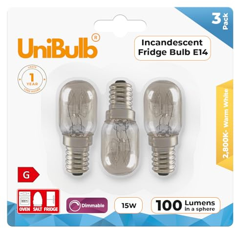 Unibulb 15W E14 Fridge Light Bulb 230V-240V Pygmy SES Incandescent Bulbs 2800K Warm White | Suitable for Salt Lamps, Ovens, Fridges or Freezers | Small Edison Screw Base, Pack of 3