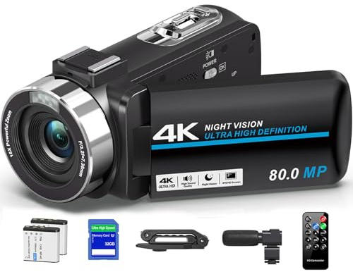 Videocamera 4K 80MP Ultra HD Vlogging Camera per YouTube Zoom Digitale 18X Registratore IR Night Versione 3 IPS HD Schermo con Stabilizzatore Portatile, Microfono, Scheda SD da 32 GB e Telecomando