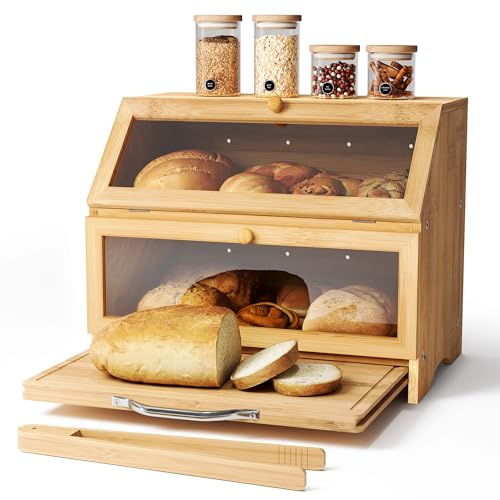 Pamapic Brotkasten Bambus, Brotkorb mit Schneidebrett, 2 Etagen Brotbox mit Brotzange, Brotaufbewahrung mit Sichtfenster, Teilweise Vorinstalliert, 39x25x32cm, Natur
