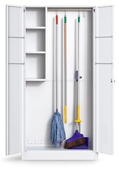 TOPRACKS Putzschrank abschließbar [180 x 85 x 42 cm] – Geräteschrank aus Metall mit 2 Türen, Schloss, Halterung & Türfächern – Besenschrank für Reinigungsgeräte, Haushalt & Gewerbe (Grau)