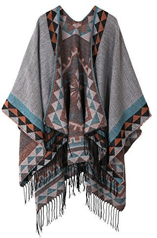 Urban GoCo Damen Poncho Stola Bohe Quaste Schal (#5 grau)