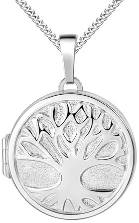 Medaillon Lebensbaum teilmattiert verziert rund 925 Sterling Silber zum öffnen für Bildereinlage 2 Fotos Amulett Verzierung von Haus der Herzen® + Kette mit Schmuck-Etui