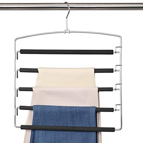 Meetu Hosenbügel, 5 Schichten, Edelstahl, rutschfest, mit Schaumstoff gepolstert, Schwingarm, platzsparend, Kleiderbügel, Schrankaufbewahrung, Organizer für Hosen, Jeans, Hosen, Röcke, Schals,