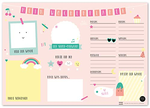 TYSK Design Schreibtischunterlage Kinder Rosa (Design wählbar) Tischunterlage aus Papier zum Abreißen DIN A3 to Do Liste Notizblock Wochenplaner