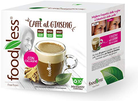 FoodNess - Capsula caffè al ginseng e collagene compatibile con sistema Dolce Gusto rende la pelle elastica e riduce le rughe(6 box Tot. 60 capsule)