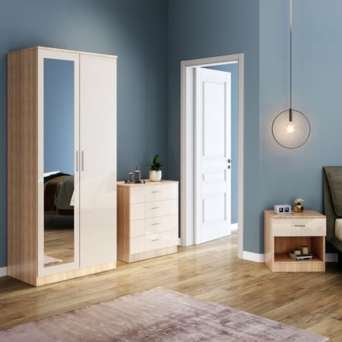 ELEGANT Bedroom Furniture Sets for Bedroom Storage High Gloss Home Closet 2 Door Wardrobe with Mirror and 4 Drawer Chest and Bedside Cabinet, Cream/Oak