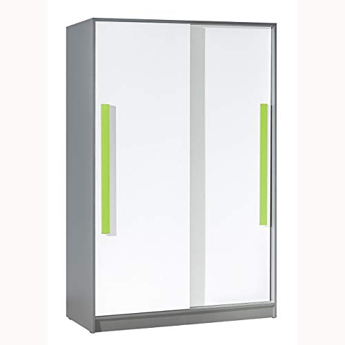 Furniture24 Schwebetürenschrank GIT 13 Kleiderschrank mit 4 Einlegeböden und Kleiderstange, Schrank für Jugendzimmer, Kinderzimmer (Anthrazit/Weiß/Grün)