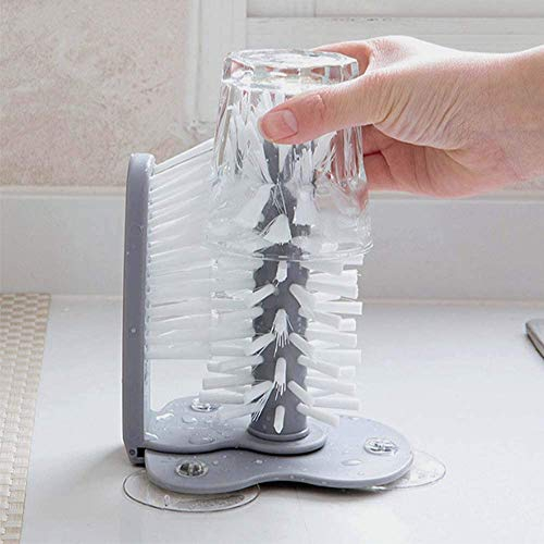 Victory-eu Water Bottle Cleaning Brush Glass Cup Washer with Suction Base Bristle Brush for Beer Cup, Long Leg Cup, Red Wine Glass and More Bar Kitchen Sink Home Tools Grey