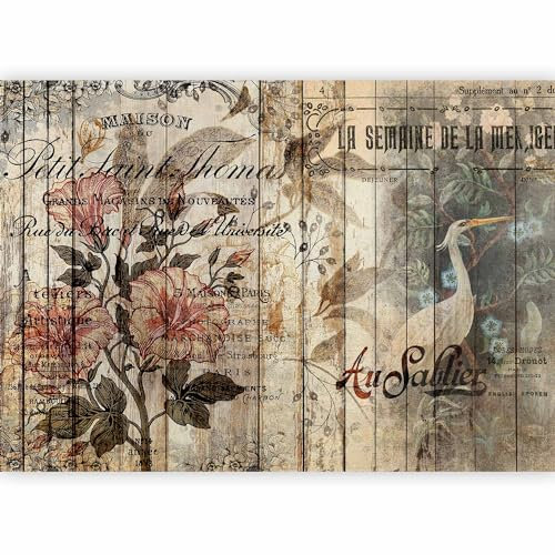 murando - Papier peint panoramique 100x70 cm - Revêtement mural décoration salon - Design moderne - Marron blanc vert - Planches, bois, fleurs, inscriptions en français, rétro vintage n-A-1151-a-a