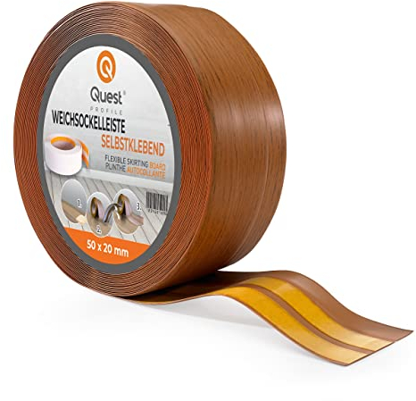 Quest Battiscopa Morbido Adesivo - 50 mm x 20 mm - Listello in PVC, Finitura Flessibile, Profilo Angolare per Cucina, Bagno, Parete, Pavimento - Decorativo (Rovere rustico, 5m)