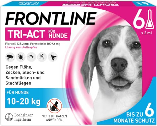 FRONTLINE TRI-ACT Hund M gegen Zecken, Flöhe & Mücken (10 bis 20 kg) | 6x Pipetten für bis zu 6 Monate Schutz - wasserfest - perfekt auf Reisen - beugt Leishmaniose vor