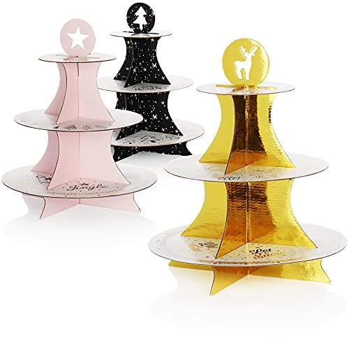 com-four® 3X Etagere aus Karton mit Weihnachts-Motiven, Tortenteller mit 3 Etagen für Lebkuchen, Cup-Cake oder Torte auf Ihrem Festtagsbüffet (3 Stück - Silber/goldfarben)