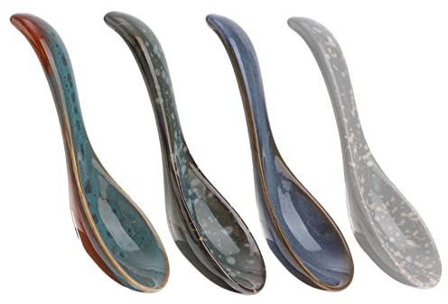 Housoutil Ceramic Ramen Spoons, Set of 4 Chinese Soup Spoons, Japanese Soup Spoon, Japanese Ramen Spoon for Soup, Gravy, , Ramen, Noodles (Assorted Color)