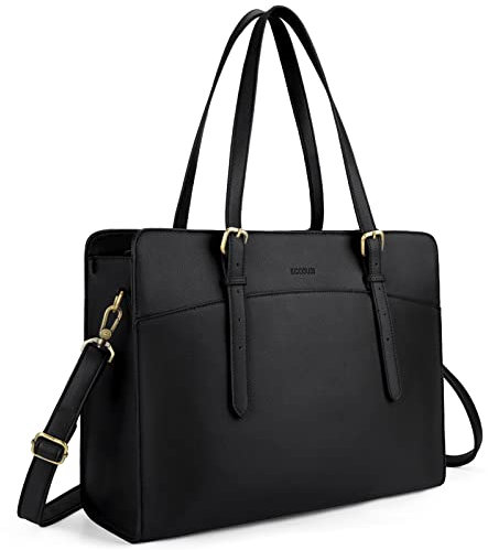 ECOSUSI Sac Cabas Épaule Femme en Cuir PU avec Sangle Réglable Tote Bag Sac PC Portable 15,6 Pouces Porte Document pour Travail Sac de Cours, Noir
