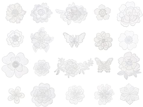 ECSiNG 20 STÜCKE Weiße Stickerei Spitze Blumen- und Schmetterlingsorganza Aufnäher Applikationen Patches zum Reparieren und Dekorieren von Kleidung Rucksäcke Jeans Caps Schuhe