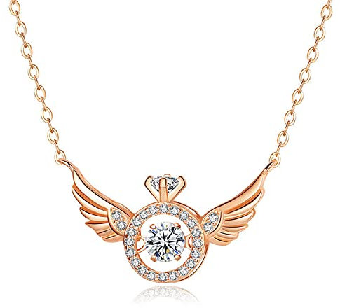 Angel Wings Necklace,Angel Wing Heartbeat Diamond Necklace,Fashion Crystal Diamond Pendant Necklace,Moving Angel S Wings Zirconia Necklace for Women (Rose Gold)