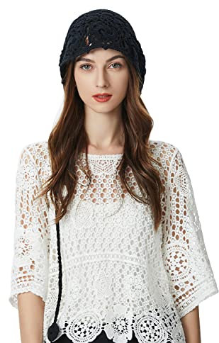 ZLYC Women Baumwolle Strickmütze Handgemacht Gehäkelter Strick Sommer Blumens Mütze (Blumen Schwarz)