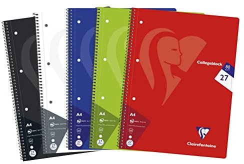 Clairefontaine 307227C - Packung mit 5 Heften / Collegeblöcken, DIN A4, 80 Blatt 90g liniert mit Doppelrand, Lineatur Nr. 27, Farben sortiert, 1 Pack