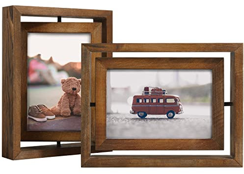 EGOFINE 2 Pack 6x4 Rotating Floating Picture Frames, Double-Sided Display with HD Glass Front Wooden Distressed Frame for Vertical or Horizontal Tabletop Display, Carbonization