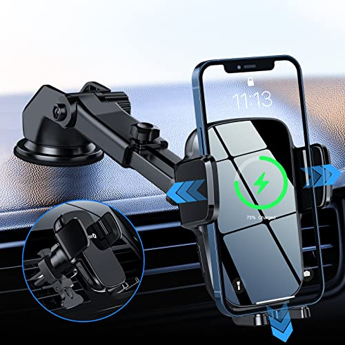 SONRU Car Phone Holder Wireless Charger, Qi 15W Fast Charging Wireless Car Charger Auto Clamping Suction Holder Dashboard Air Vent Compatible for iPhone 16/15/14/13/12, Samsung Galaxy S25/24 and More