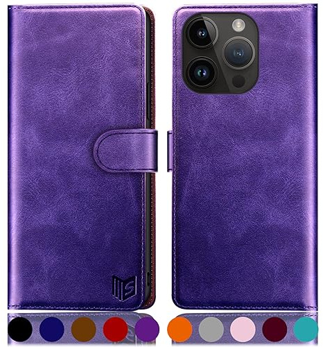 SUANPOT design for iPhone 15 Pro 6.1 inch case with [Credit Card Holder][RFID Blocking],PU Leather Flip Book Protective Cover Women Men for Apple 15 Pro Phone case Purple