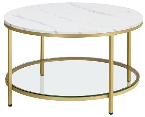VASAGLE Coffee Table, Living Room Table, Sofa Cocktail Table Faux Marble Round, Tempered Glass Storage Shelf, Easy to Assemble, Modern Style, for Living Room, Marble White and Metallic Gold LCT071W59