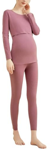 SISAY Ensemble Sous Vetement Thermique Femme Col Rond Pyjama de Grossesse et Allaitement Sous-vêtements Thermiques à Manches Longues 2 Pieces Tenue Chaude Intérieur Legging et Pull Hiver pour Enceinte