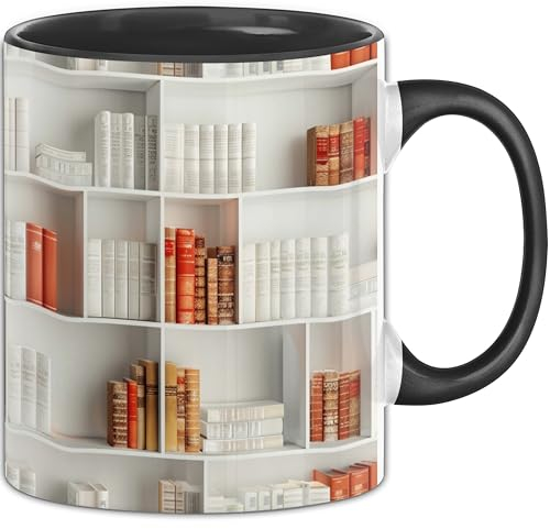 Trendation - 3D Tasse Bücherregal Bücherei Geschenkidee Geschenk Allover-Print Kaffee-Becher Geschenkidee Lesen Leseratte (Schwarz)