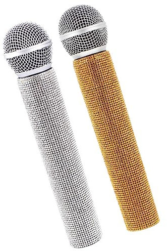 ifundom 2pcs Fake Microphone Prop Simulate Microphone Sparkly Bling Microphone Practice Microphone Prop Pretend Plastic Microphone Toy for Karaoke Performance Prop Halloween Party Supplies