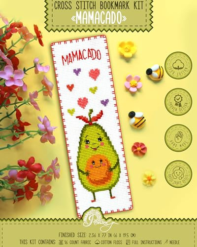 Povitrulya Counted Cross Stitch kit Mamacado - Embroidery Set for DIY Bookmark with 16 Count Blank Aida Fabric, Paper Pattern and presorted Floss
