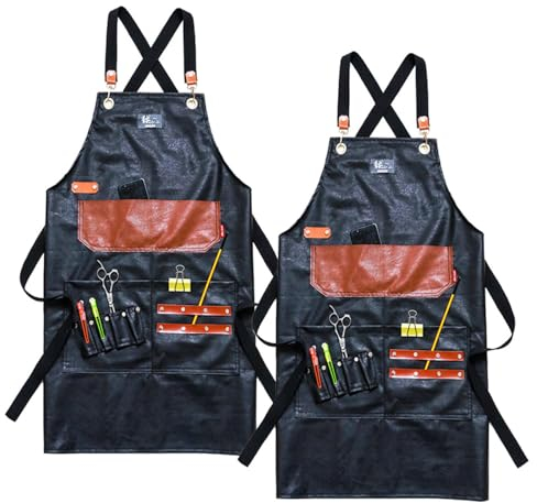 NALSA Delantal de cuero impermeable para peluqueria, barbero, bar, cocina, restaurante, delantal para barbacoa, delantal de trabajo ajustable para hombres y mujeres,Black-2pieces