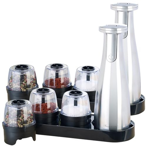 Rosenstein & Söhne Salz & Pfeffer-Mühlen: 2er Set Akku-Multi-Gewürzmühle mit 3x 150-ml-Wechselbehälter (Salz & Pfeffer-Mühlen 3in1, Pfeffermühle, Halter)