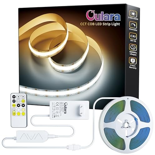 OULARA COB LED Streifen CCT Abstimmbar Warmweiß Kaltweiß,8M Dimmbar Duales weißes 2700K-6500K 576LEDs/M 24V LED Strip light Set mit RF Fernbedienung und Netzteil für Heim DIY Beleuchtung