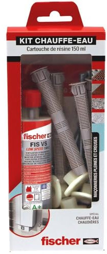 fischer - Kit scellement spécial Chauffe-Eau Contenant 1 Cartouche de 150 ML, 1 Poussoir, 2 Embouts, 4 Tamis 16x130, 4 tiges filetées M10x160, 4 écrous Nylon Bum Oh M10