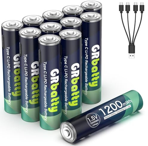 GRbatty Batterie Ricaricabili AAA USB 1.5V Litio 1200mWh Ad Alta Capacità, Pile Ricaricabili AAA con 1500 Tech Confezione da 12
