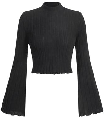 GORGLITTER Women's Bell Long Sleeve Ribbed Knit Crop Tops Mock Neck Frill Trim Plain Cropped T Shirt Black M
