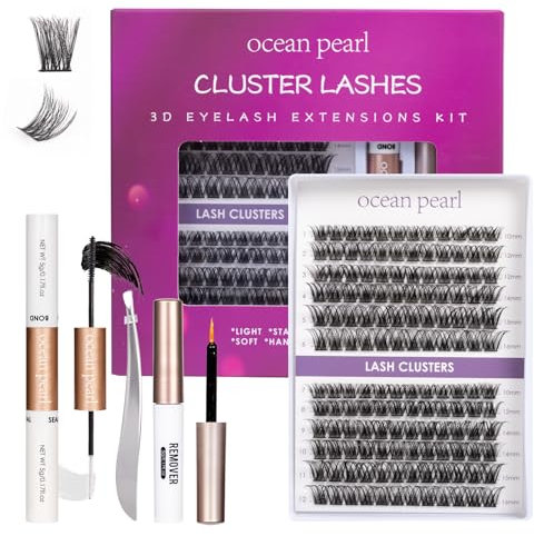 Ocean Pearl Cluster Lashes 144PCS Eyelashes 10-16mm Lash Clusters Fluffy Eyelash Extension Cluster Lashes Kit Individual Eyelash Lash Extensions Kit with Super Bond+Seal+Remover+Tweezer-DM01