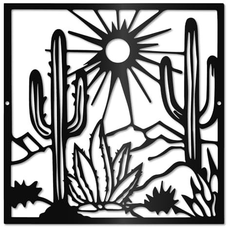CREATCABIN Décoration Murale Métal Forme Cactus Art Mural Noir Soleil Désert Plantes Naturelles Silhouette Murale Moderne Décorative Œuvre d'art Suspendre pour Bureau Maison Salon Décoration 30x30cm