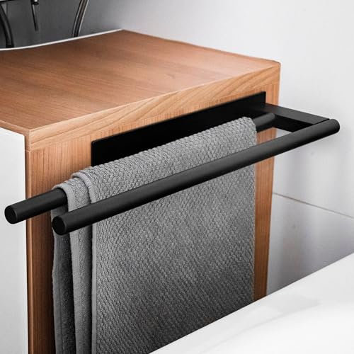 ELMOWO - Premium Edelstahl Handtuchhalter ohne Bohren selbstklebend inkl. Spezialkleber (extrem sicherer Halt) - Bad Handtuchstange für 2 Handtücher - Handtuch Halterung für die Wand doppelt (schwarz)