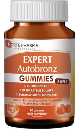 Forté Pharma - Expert AutoBronz Gummies - L-tyrosine, Sélénium, Vitamines C E, Lutéine, Beta carotène - Complément alimentaire solaire - Teint hâlé, bonne mine- 60 gommes à mâcher, 2/jour