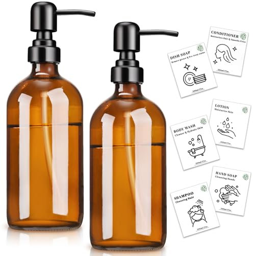 Euqvunn 2 Pack Dispensador Jabon Vidrio Ámbar, 500ml Dispensador Jabon Baño, Dispensador Gel y Champú Ducha, Dispensador Jabon Cocina, 6 Etiquetas Impermeables Botella Dispensadora con Bomba