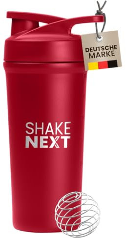 ShakeNext Shaker en acier inoxydable [nouvelle introduction] – Gourde avec boule mixte, 700 ml, shaker pour fitness et protéines avec fermeture à pression anti-fuite, design breveté (rouge)
