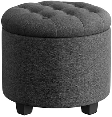 SONGMICS Round Ottoman, Ottoman with Storage, 45 x 45 x 44.5 cm, Foot Rest with Legs, Linen-Look Fabric, Load up to 150 kg, for Living Room, Bedroom, Dark Grey LOM011G02