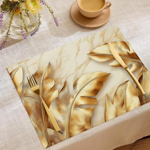 2er Set Platzsets Vintage Marmor Abwaschbar, Tischdecke Tischset Stoff Goldene Feder 45 x 30 cm rutschfest Platzdeckchen für Küche Tisch Dekoration Drinnen Urlaub Party Dekor