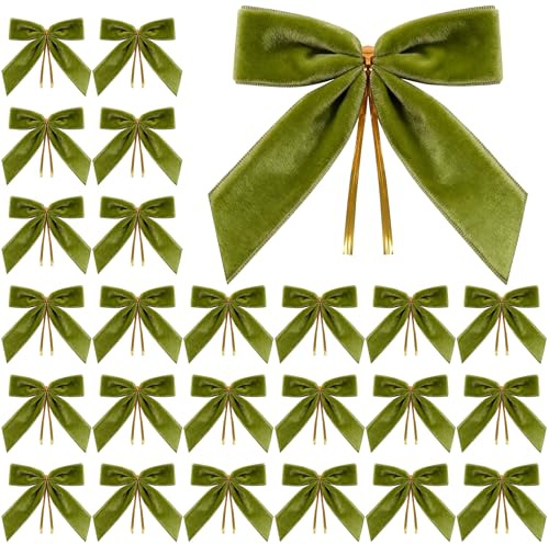 Miaikoe 24 Stück Samt Weihnachtsbögen für Weihnachtsbaum, Girande, Geschenkverpackung, Handwerk, Hochzeit, Twist Krawatte Bögen für Home Holiday Dekor (Breite von 2,5 CM, 8,9 x 8,9 CM, Olivengrün)