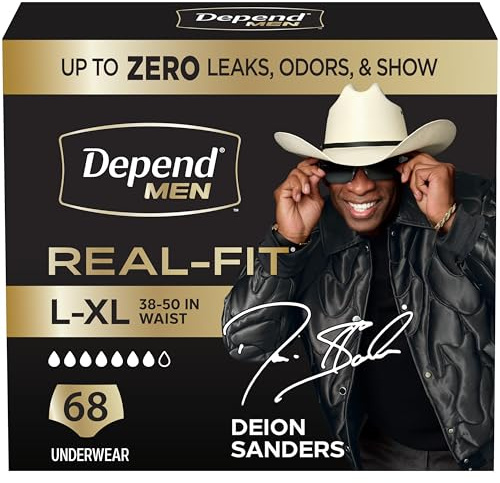 Depend Real Fit Inkontinenzunterwäsche für Herren, L/XL, 68 Stück | Schwarze Einweg-Windeln für Erwachsene, unsichtbarer Schutz