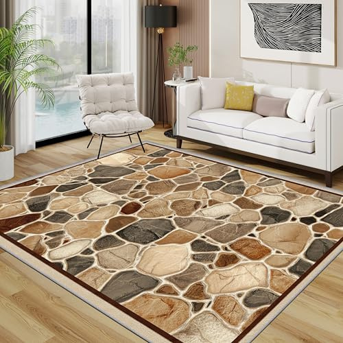 TerroVee Stein Teppich Schlafzimmer, Vintage Braun Teppich 120x170 cm, Rustikal Kieselstein Kopfsteinpflaster Waschbar Kurzflor Antirutsch Teppiche Für Wohnzimmer Schlafzimmer, Braun Grau Beige