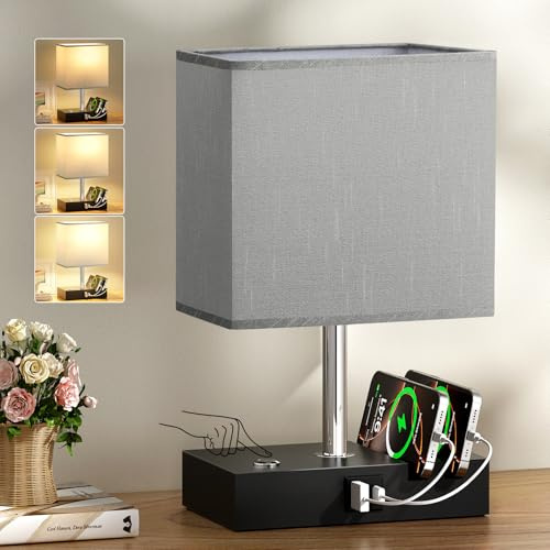 PreeOtti Grey Touch Lamp, Table Lamp with 2 USB Charging Station, Black Metal Base (Bulb Included)